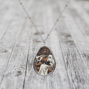 Cozy Ghostly Scene Oval Necklace Halloween Cute Spooky Ghost Lover